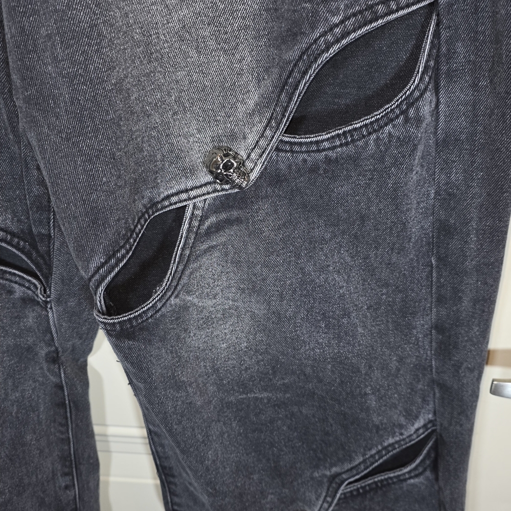 Black Washed Wide Leg‎ Jeans Skull Hardware Cutout Y2K Grunge Streetwear Unisex